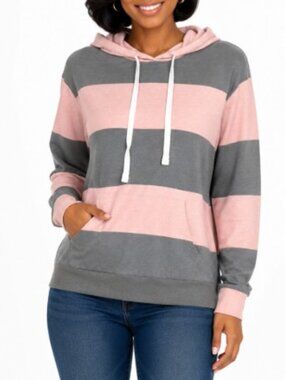 Women Basic ColorBlock Casual Striped Pink and Gray Hoodie Travel Everyday Wear